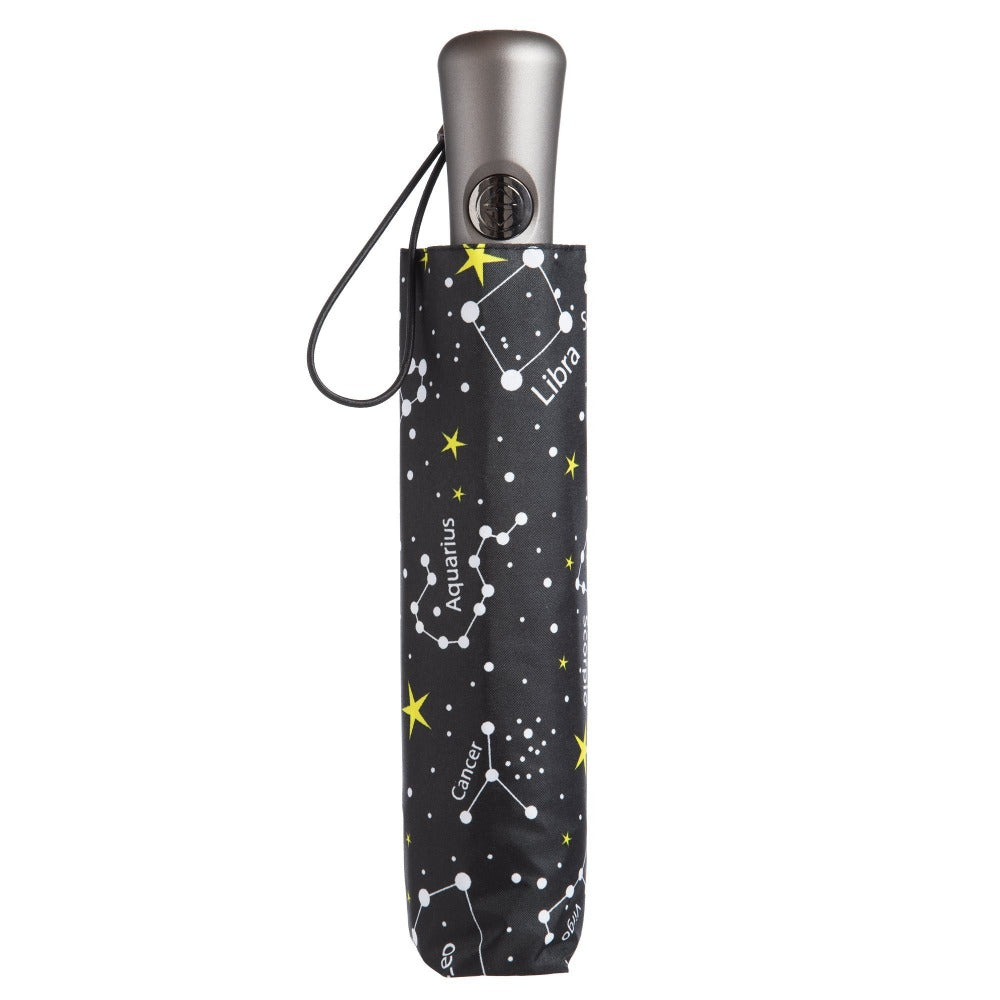 InBrella Reverse Close Folding Umbrella in Zodiac Black Closed in Carrying Case